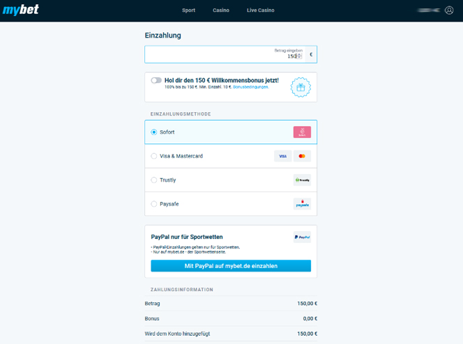 MyBet Sportwetten Zahlungsmethoden